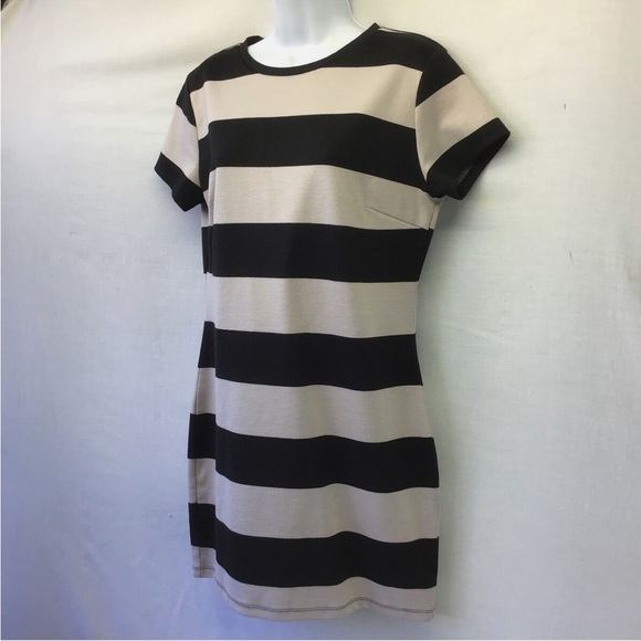 Forever 21 Women Dress Black Tan Wide Stripe SS Bodycon Slim Fit Mini Dress XL - Picture 1 of 5